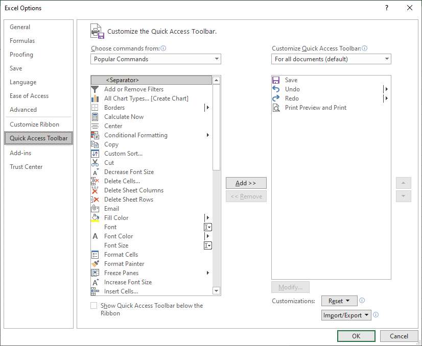Customize QA toolbar in excel