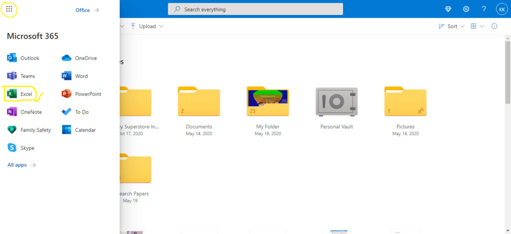 Opening Excel online with Microsoft account
