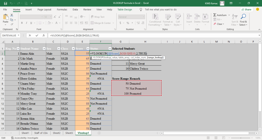 vlookup function in excel