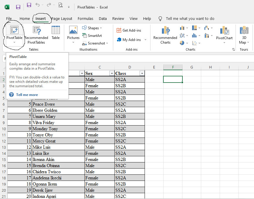 how to create PivotTable