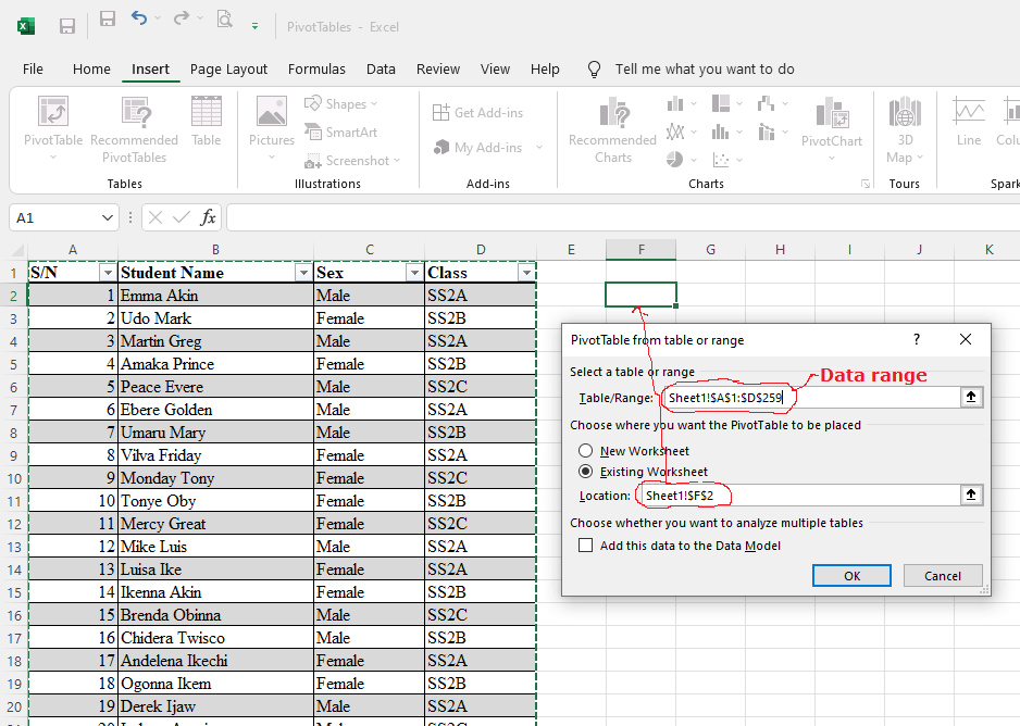 PivotTable dialog box