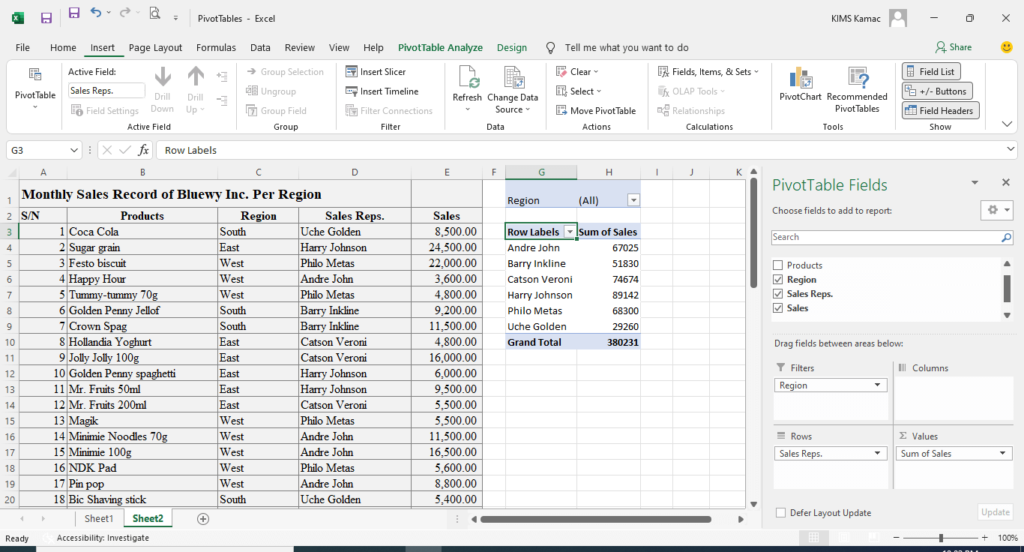 PivotTable in Excel