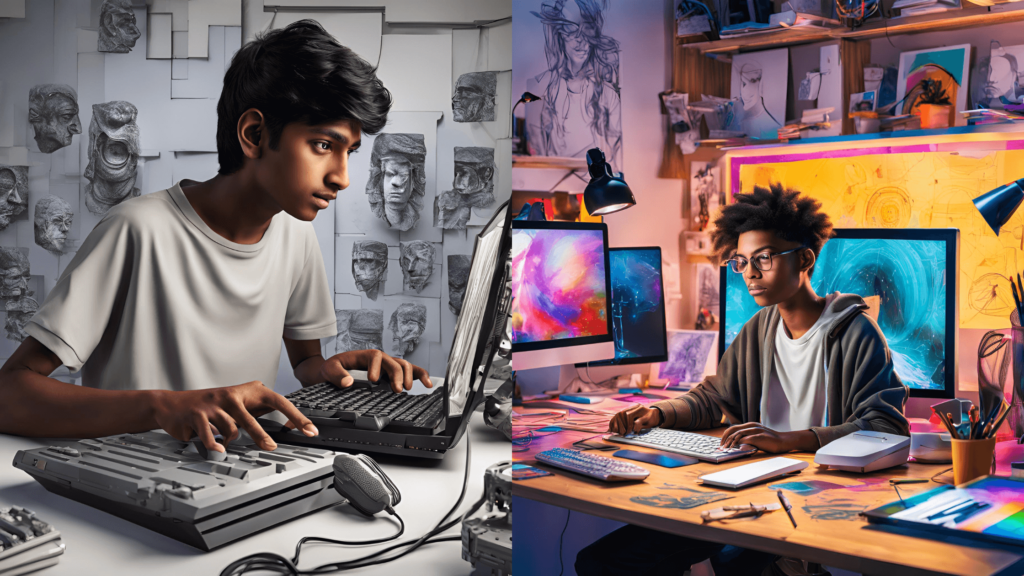Teenagers using computer to create graphics