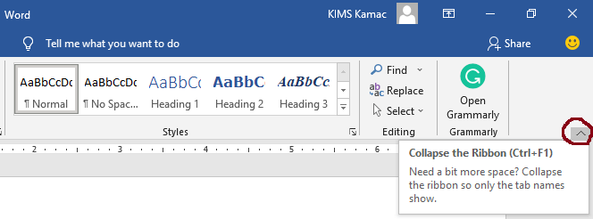 ribbon collapse button - ms word