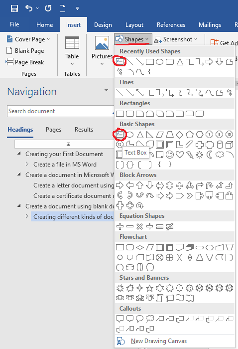 Insert a text box in MS Word