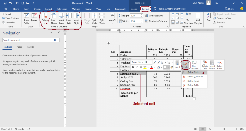 editing tables in word - deleting cells in a table