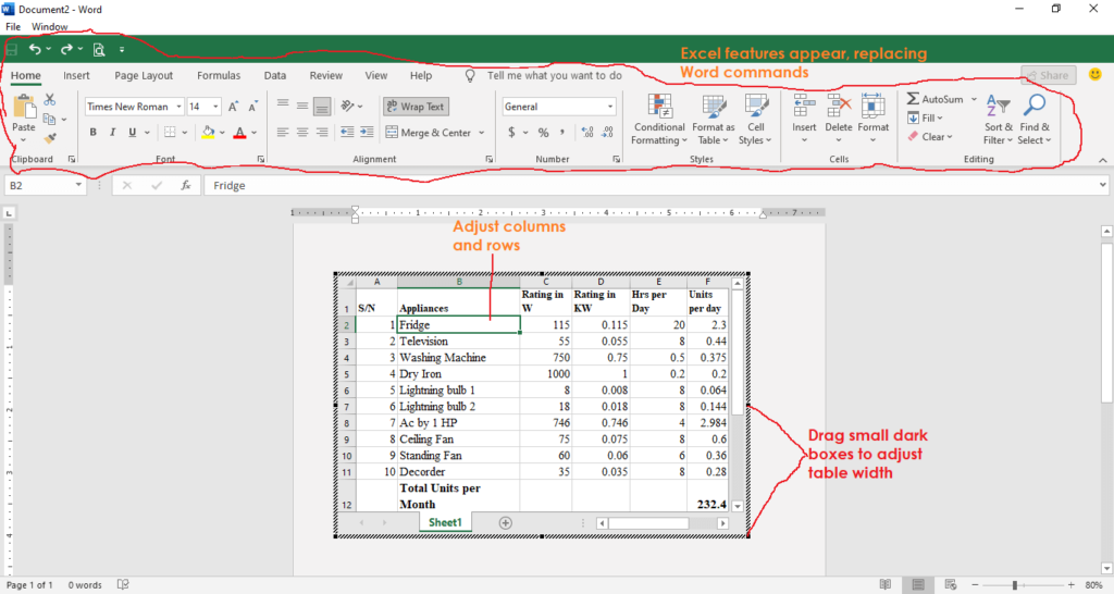 inserting excel table in word