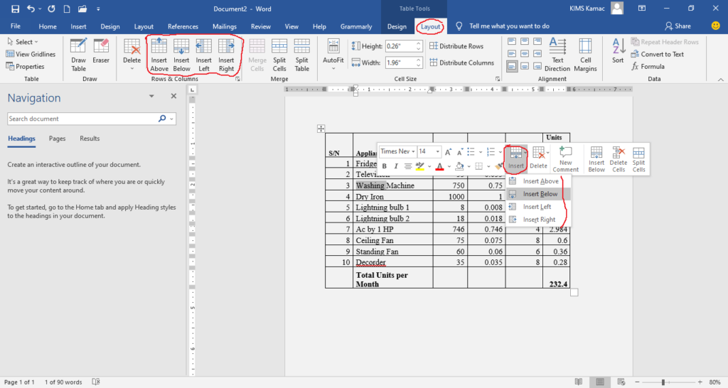 inserting tables in word
