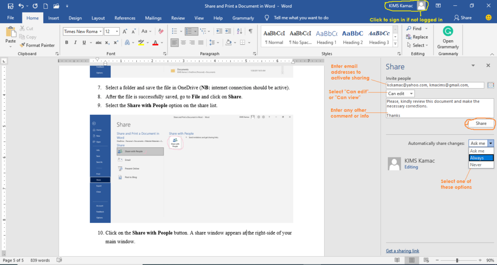 sharing and collaboration window in word