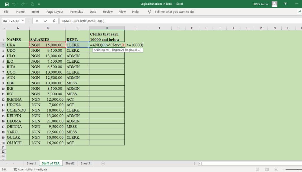 AND function in excel