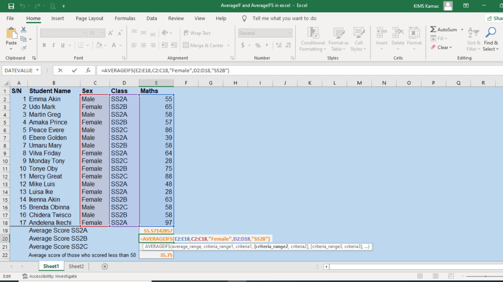 averageifs in excel