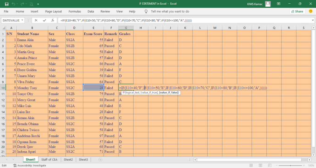 nested IF statements in Excel