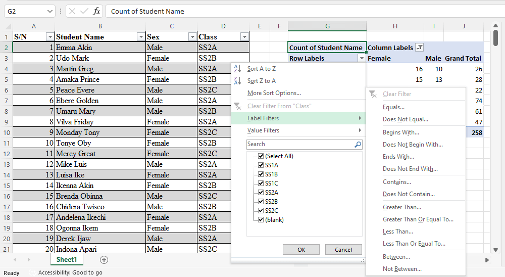 sort and filter in pivottable