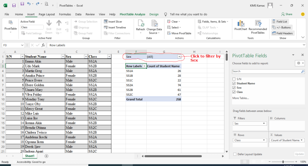 PivotTable in Excel 2016