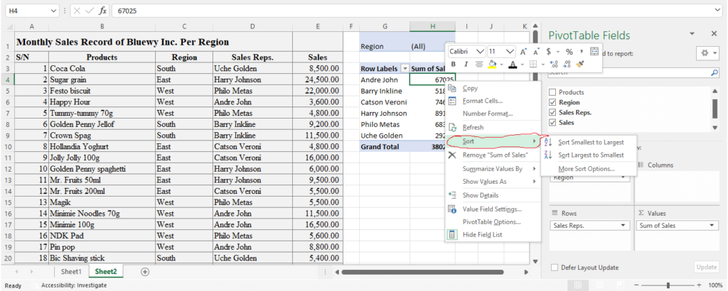 sorting in PivotTable