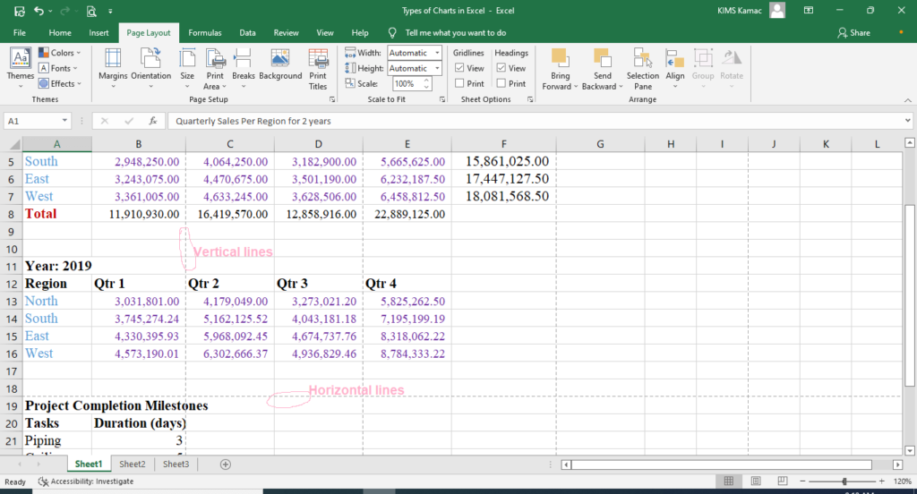 Lines demarcating pages in excel
