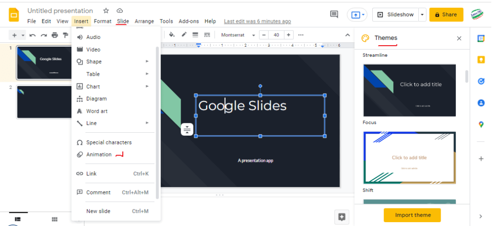 Google slides presentation app window