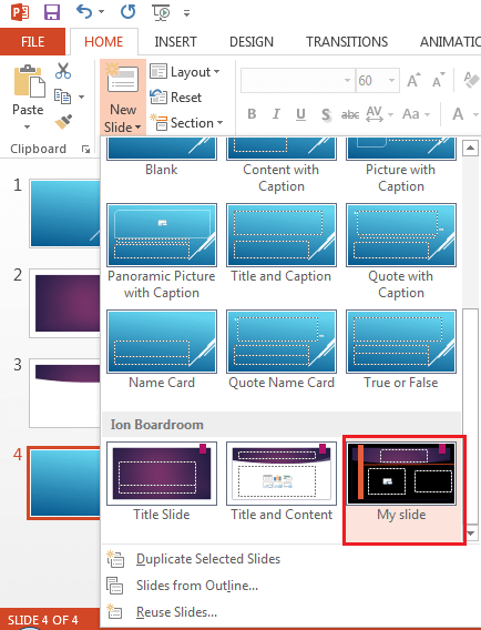 Applying custom slide layout in powerpoint
