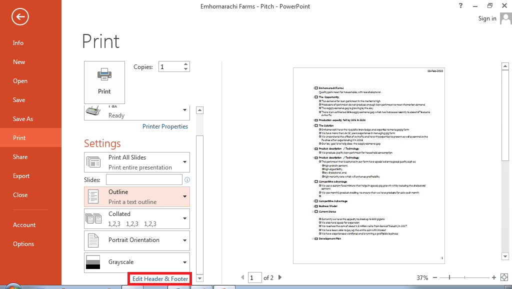 printing a powerpoint presentation in outline view