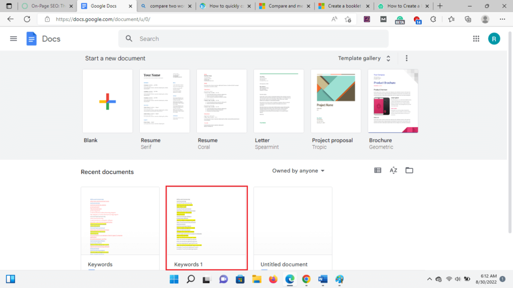 Open document to compare in Google docs