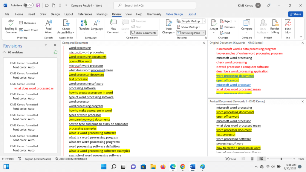 Compared documents revisions in MS Word