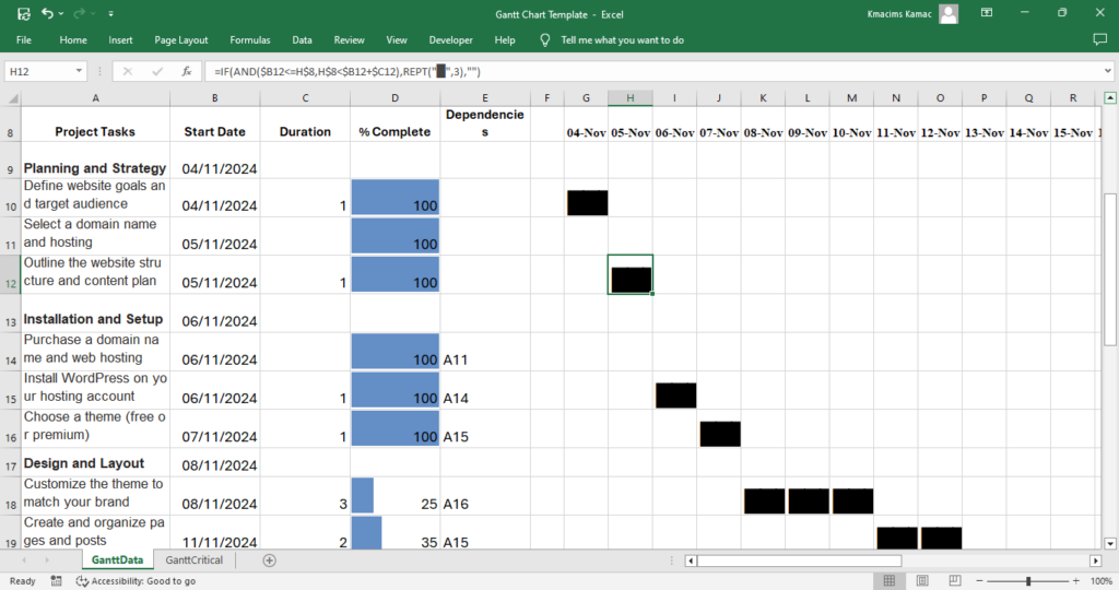 Creating Dynamic Gantt Charts in Excel: Visualize Project Schedules Like a Pro 4 Using REPT function to create Gantt charts