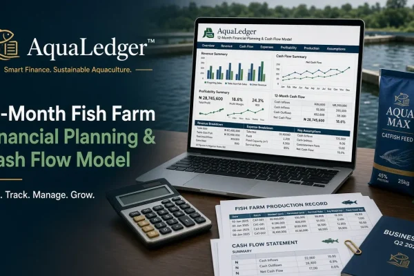 AquaLedger™ - Fish Farm Financial Plan Excel Template Nigeria | 12-Month Aquaculture Cash Flow & Profit Calculator