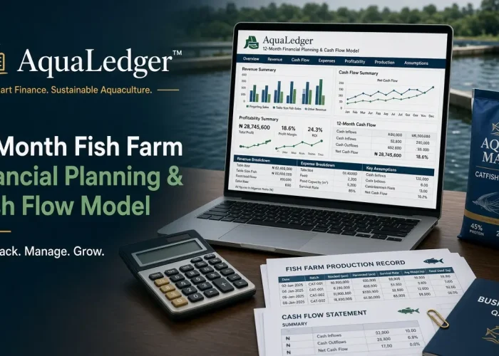 AquaLedger™ - Fish Farm Financial Plan Excel Template Nigeria | 12-Month Aquaculture Cash Flow & Profit Calculator