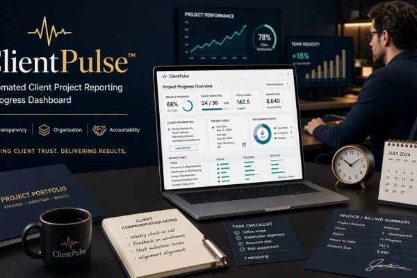 ClientPulse™ - Client Project Reporting Excel Template | Automated Progress Dashboard for Freelancers & Agencies