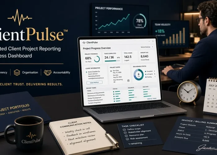ClientPulse™ - Client Project Reporting Excel Template | Automated Progress Dashboard for Freelancers & Agencies